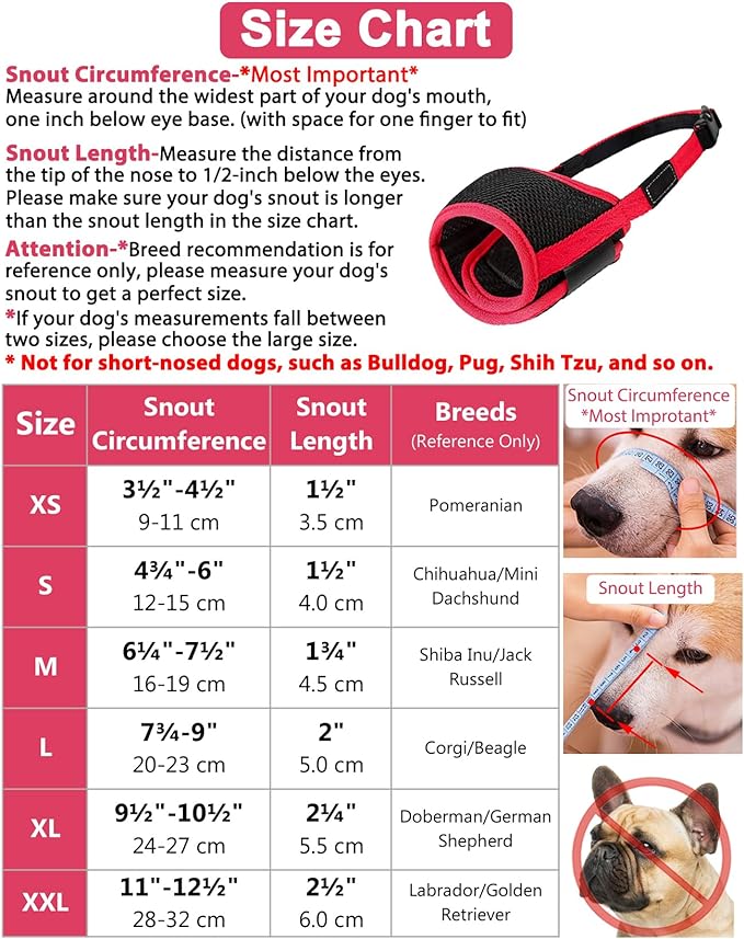 LUCKYPAW Dog Muzzle Anti Biting Barking and Chewing with Comfortable Mesh Soft Fabric and Adjustable Strap, Suitable for Small, Medium and Large Dogs(Red Trim,L)