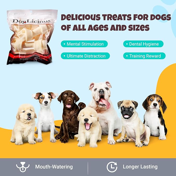 Natural Rawhide Bones for Dogs, Long Lasting Dog Chews, White Knotted Bones Chew Treats 6”-7” (Pack of 5) (50860)