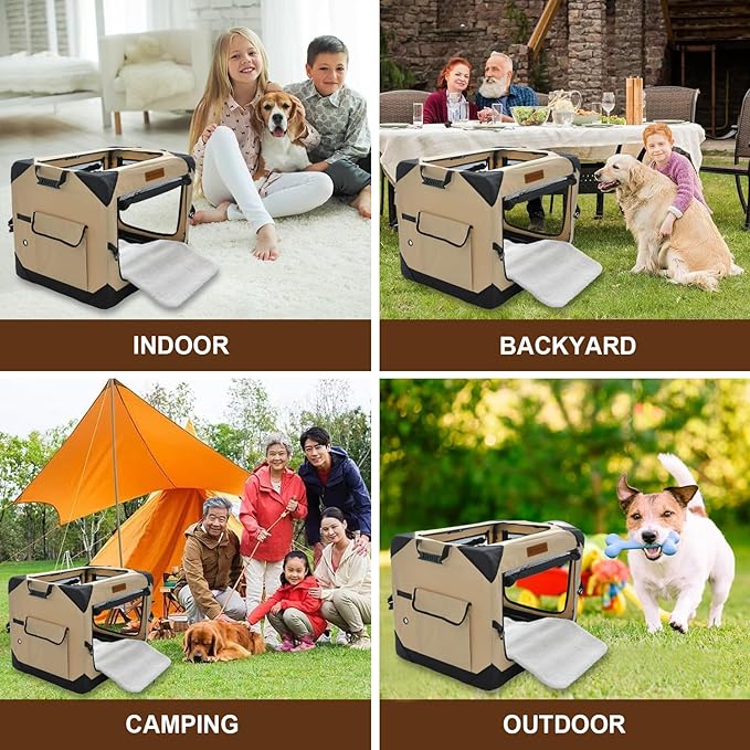36 Inch Collapsible Soft Dog Crate for Large Dogs, 4-Door Foldable Travel Dog Kennel with Durable Mesh Windows for Indoor & Outdoor Portable Pet Crate, Soft Side Dog Crate, Beige