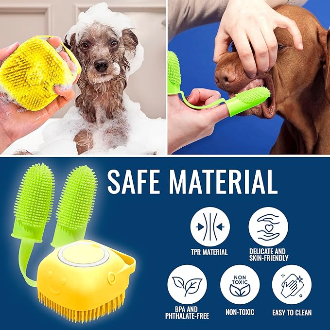 Dog Finger Toothbrush, Dog Shampoo Brush, Dog Accessories: 3 in 1 Dog Bath Brush and 2 Finger Tooth Brush Kit, Essential Puppy Products for Teeth Cleaning, Bathing, and Grooming (Yellow).