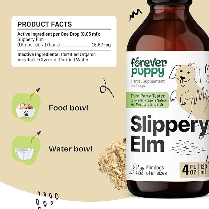Slippery Elm Drops for Dogs - Gut Health Supplement w/Slippery Elm Bark - Soluble Fiber Digestive Drops for Dogs - Liquid Dog Vitamins and Supplements for Pet's Happy Tummy - 4 oz