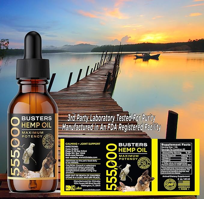 2-PACK Buster's Organic Hemp Oil for Dogs & Pets, 4-MONTH Supply, Large 60ml Bottles, 555,000 Max Potency, Joint Relief, Calming, Miracle Formula, Perfectly Balanced Omega 3, 6, 9, USA