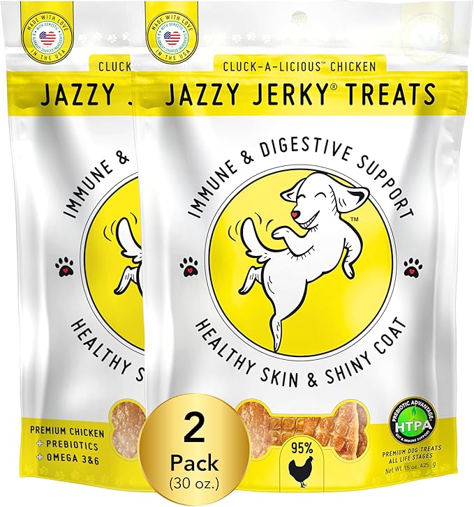 Canine Wellness Chicken Jazzy Jerky Treats for dogs, 2-PACK, 95% Protein, Prebiotics for Gut & Immune Health, Omega 3s & 6s for Skin & Coat Health, Made in The USA, (Two 15 oz. bags)