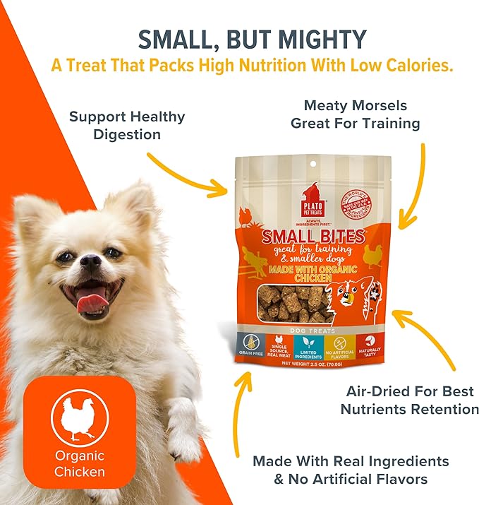 PLATO Small Bites Dog Treats, Natural Bite Sized Real Meat & Chicken Flavor, Grain Free & High in Protein, Air Dried Authentic Ingredients, 2 Calories Per Treat, Made in the USA, 6 Ounces