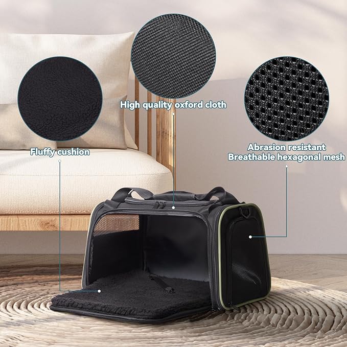 PETSFIT Dog Carrier, Pet Carrier Airline Approved with Extendable Mat, Dog Carriers for Small Dogs, TSA Approved Pet Carrier, Puppy Carrier for Small and Medium Cats Under 12 Lbs, Black