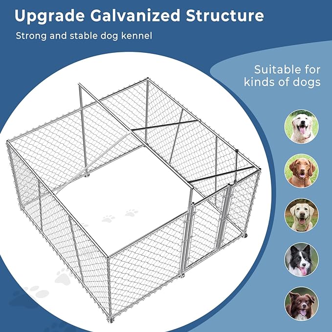 Upgraded 7.5×7.5FT Outdoor Dog Kennel with Cover Roof, Large Dog Run House Pen Enclosure with Side Rod, Heavy Duty Chain Link Dog Kennel with Lock for Outside Backyard