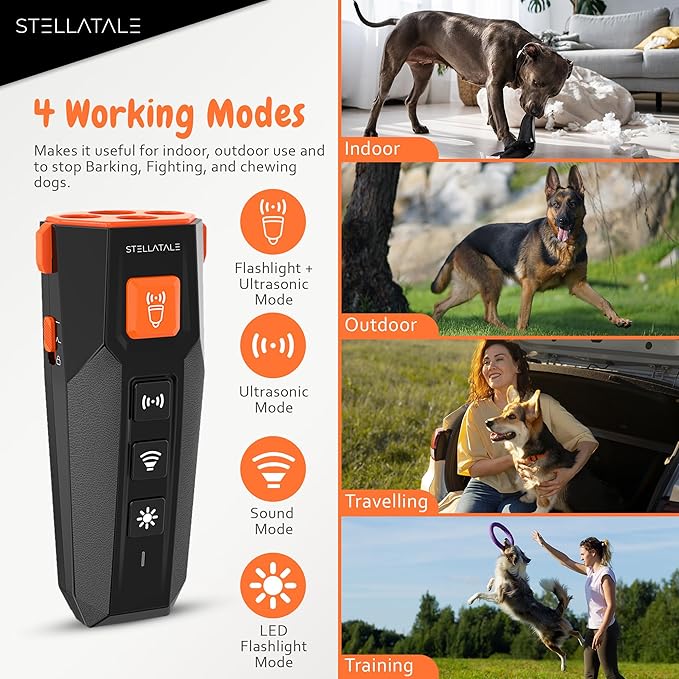Dog Bark Deterrent & Training Device | 4 Modes| Variable Frequency | Indoor & Outdoor use | Rechargeable | Harmless Barking Control | Stops Barking, Fighting, Chewing | Highly Effective