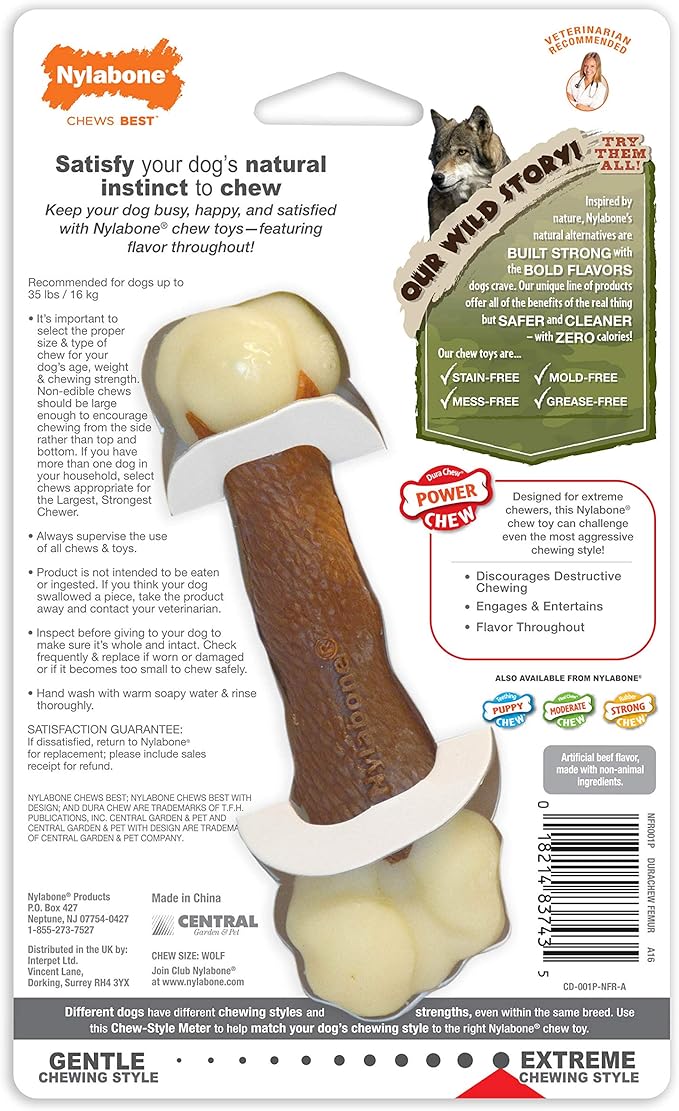 Nylabone Power Chew Femur Bone Rawhide Alternative Nylon Chew Toy for Dogs, Dog Toys for Aggressive Chewers, Beef, Medium/Wolf (1 Count)