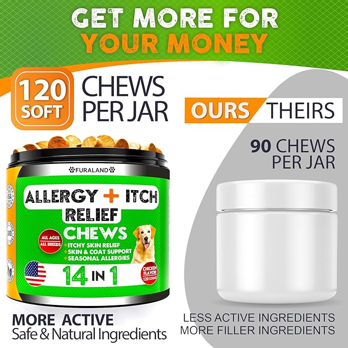 Dog Allergy Relief Chews - Dog Itch Relief - Omega 3 Fish Oil + Probiotics - Itchy Skin Relief - Seasonal Allergies - Anti Itch Support & Hot Spots - Immune Supplement for Dogs