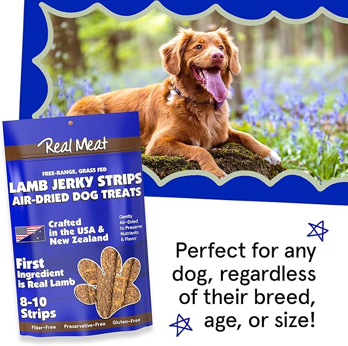 Real Meat Lamb Jerky Dog Treats - 8 Air-Dried Strips of Jerky Treats for Dogs - Grain-Free Jerky Treats Dog Snacks Made up of 95% Human-Grade Free-Range Grass Fed Lamb - All-Natural Dog Jerky Strips