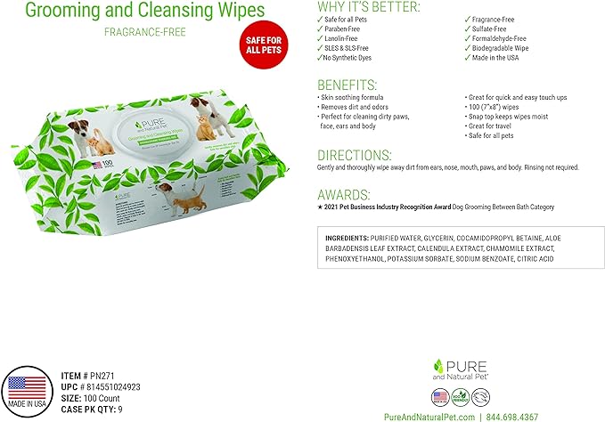 Pure and Natural Pet Grooming and Cleansing Wipes for All Pets (Unscented) 100 ct.