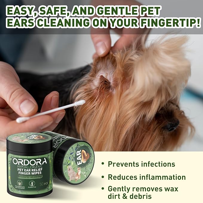ORDORA PET Ear Finger Wipes for Dogs & Cats - Gently Remove Ear Wax, Debris - Sooths & Deodorizes - Relieve Ear Itching & Inflammation, Dog Ears Brushing Kit Dental Wipes - 50 Pcs