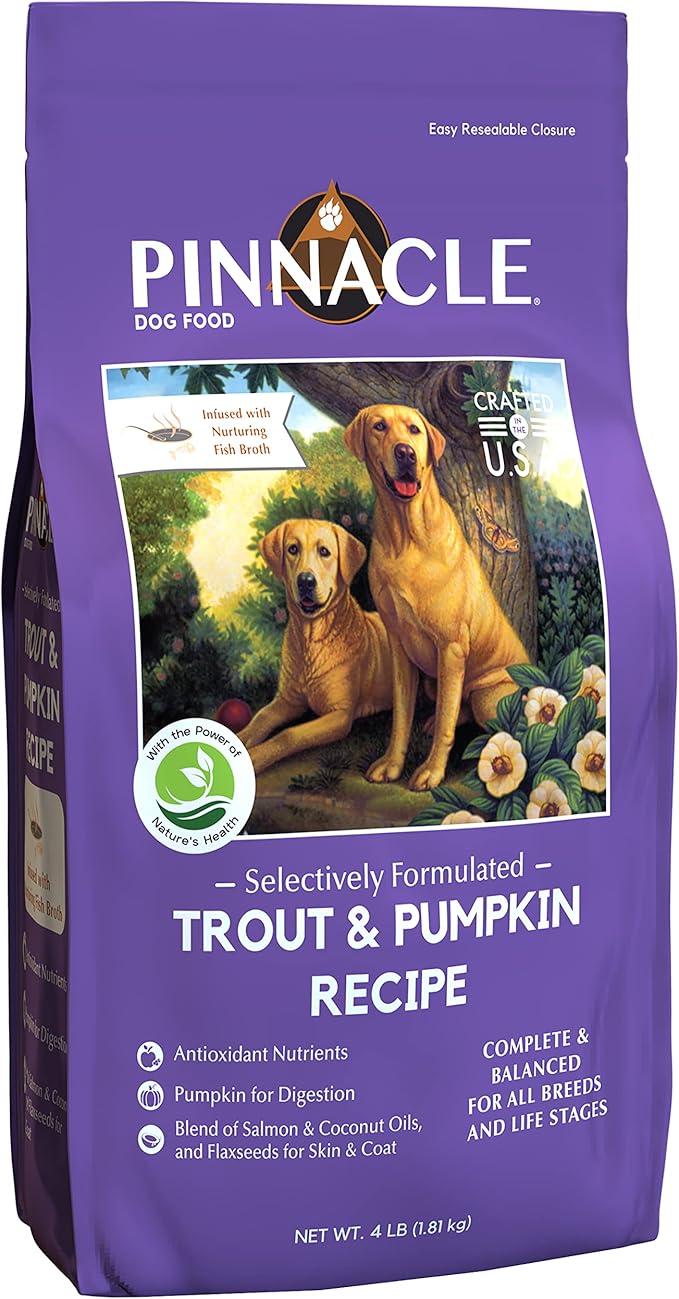 pinnacle pet Trout & Pumpkin Dry Dog Food 4 lb, Infused with Broth