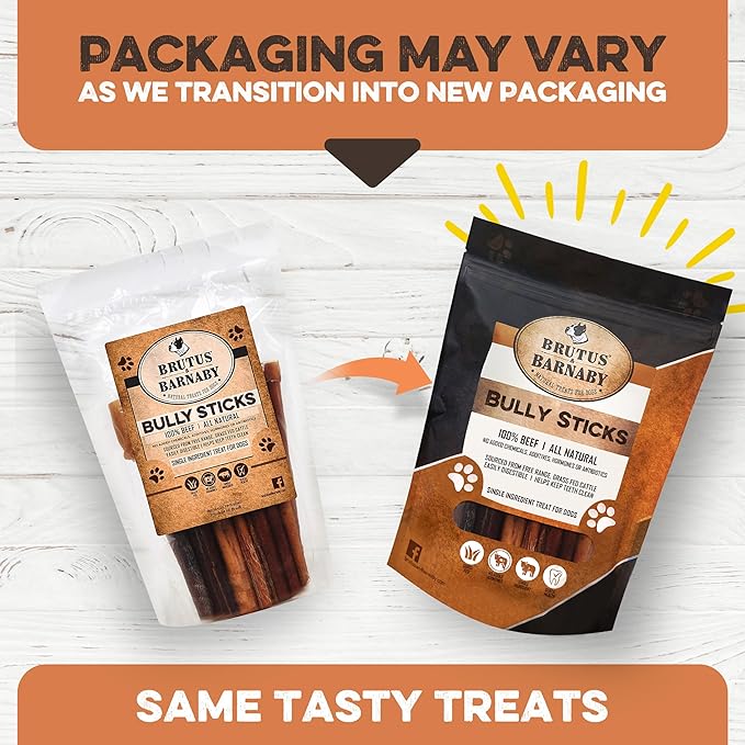 BRUTUS & BARNABY Grass Fed Bully Sticks for Dogs, Fully Digestible Dog chew, Grain Free, Rawhide Free, 100% Natural Beef, Small Batched for Freshness and Low Odor