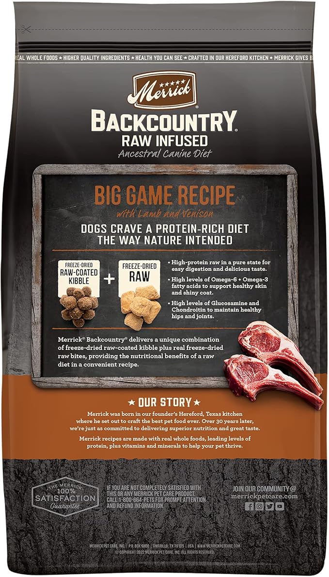 Merrick Backcountry Grain Free Dry Adult Dog Food, Kibble with Freeze Dried Raw Pieces, Big Game Recipe - 20.0 lb. Bag