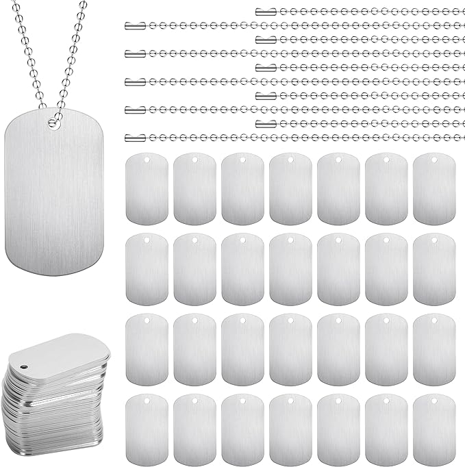 100Pcs Military Dog Tags Set, 50Pcs Aluminum Blank Dog Tags and 50Pcs Iron Necklace Chain, Dog Tags Engraved for Pets, Perfect for DIY Decorative Craft Pet Dog ID Tags, Silver