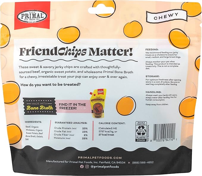 Primal Beef Jerky Dog Treats Made with Beef Bone Broth for Dogs, FriendChips Matter Chewy Dog Treat, 4 oz (Pack of 2)
