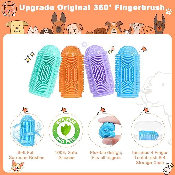 Dog Toothbrush Dog Tooth Brushing Kit 4Pack Dog Finger Toothbrush Dog Tooth Brush Puppy Toothbrush Dog Toothbrush Kit Pet Finger Toothbrush for Dog Teeth Cleaning&Dog Dental Care