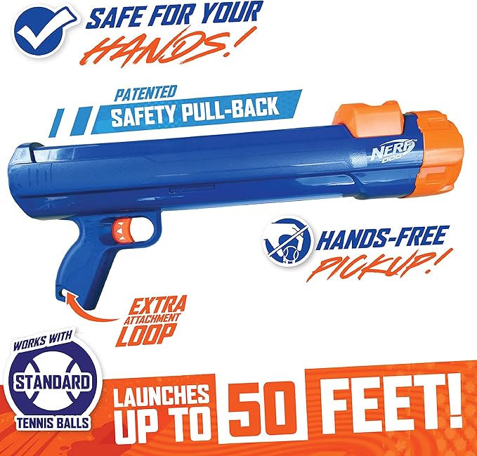 Nerf Dog Large Size Tennis Ball Blaster Dog Toy, Great for Fetch, Hands-Free Reload, Launches up to 50 ft, Single Unit, 20in Blaster with 3 Balls in Mesh Bag, Blue/Orange, Blue, Green and Orange