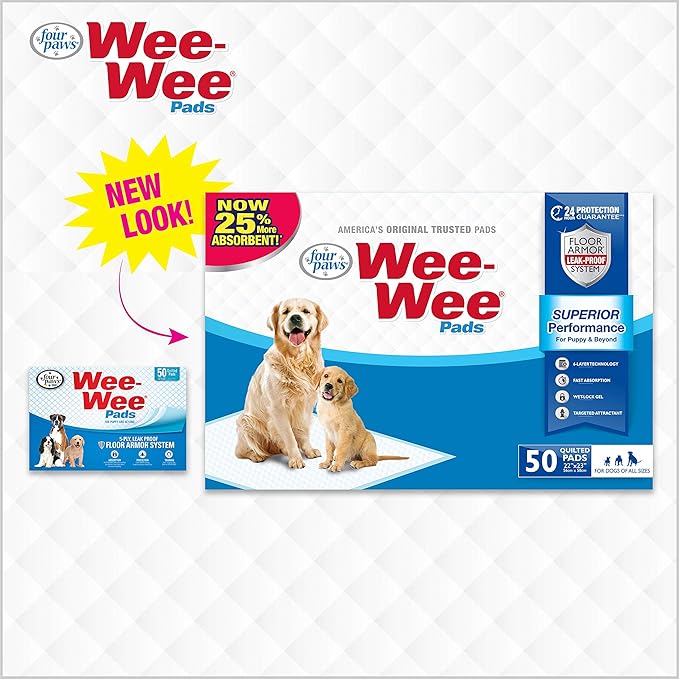 Four Paws Wee-Wee Superior Performance Pee Pads for Dogs of All Sizes, Leak-Proof Floor Protection Dog & Puppy Quilted Potty Training Pads, Unscented, 22" x 23" (50 Count)