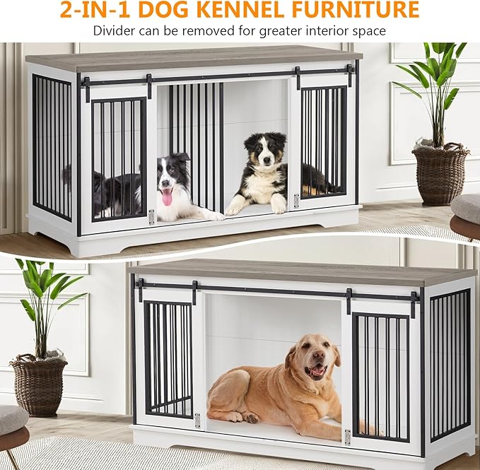2-in-1 Double Dog Crate Furniture for 2 Dogs 60.6 Inch White Sturdy Double Dog Kennel TV Stand with Divider and Sliding Doors