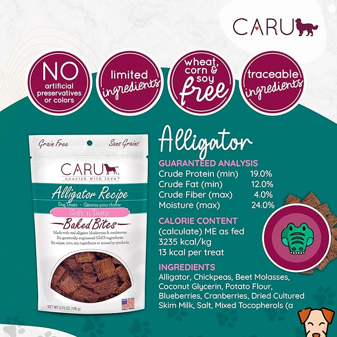 Caru - Soft n’ Tasty Baked Bites - Alligator Bites Dog Treats - Flavorful Training Treats - 3.75 oz bags - Pack of 3