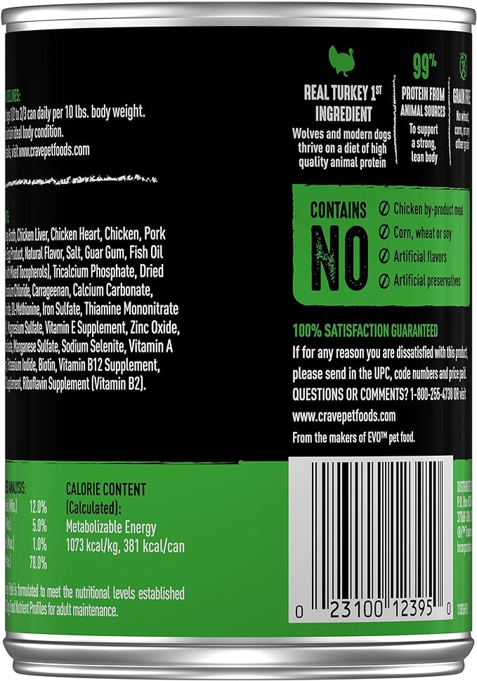 CRAVE Grain Free Adult Canned High Protein Natural Soft Wet Dog Food Turkey Paté, (12) 12.5 oz. Cans