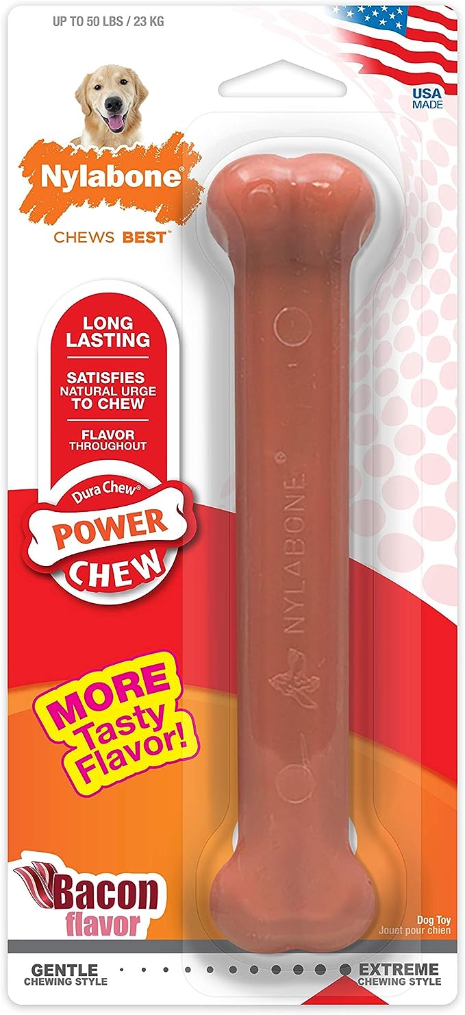 Nylabone Power Chew Classic Bone Chew Toy for Dogs, Durable Dog Toys for Aggressive Chewers, Bacon Flavor, Large/Giant - Up to 50 lbs. (1 Count)