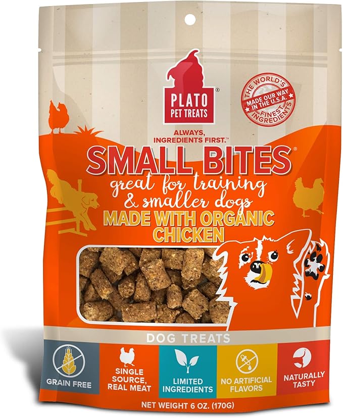 PLATO Small Bites Dog Treats, Natural Bite Sized Real Meat & Chicken Flavor, Grain Free & High in Protein, Air Dried Authentic Ingredients, 2 Calories Per Treat, Made in the USA, 6 Ounces