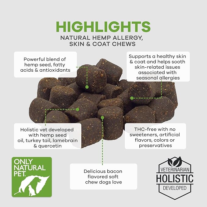 Only Natural Pet Allergy, Skin & Coat Hemp Soft Chews - Allergy Immune Bites for Dogs, Omega 3 Supplement, Hemp Oil - Calming Treats for Itchy Skin Relief, Hot Spot - (60 Count)