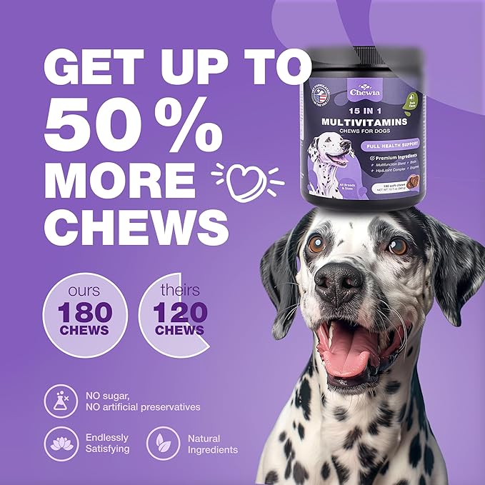 Dog Multivitamin Chews 15 in 1 - Dog Vitamins - US Formulated Joint Supplements for Dogs - Dog Multi Vitamins with Glucosamine & Chondroitin - Dog Treats for Hip & Joint, Itchy Skin & Coat