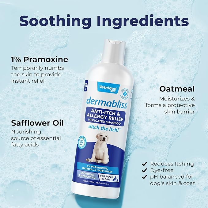 Vetnique Labs Dermabliss Dog Allergy and Itch Relief, Skin and Coat Health Supplements and Grooming Supplies with Omega 3-6-9, Biotin - Ditch The Itch (Itch Relief, 16oz Shampoo)