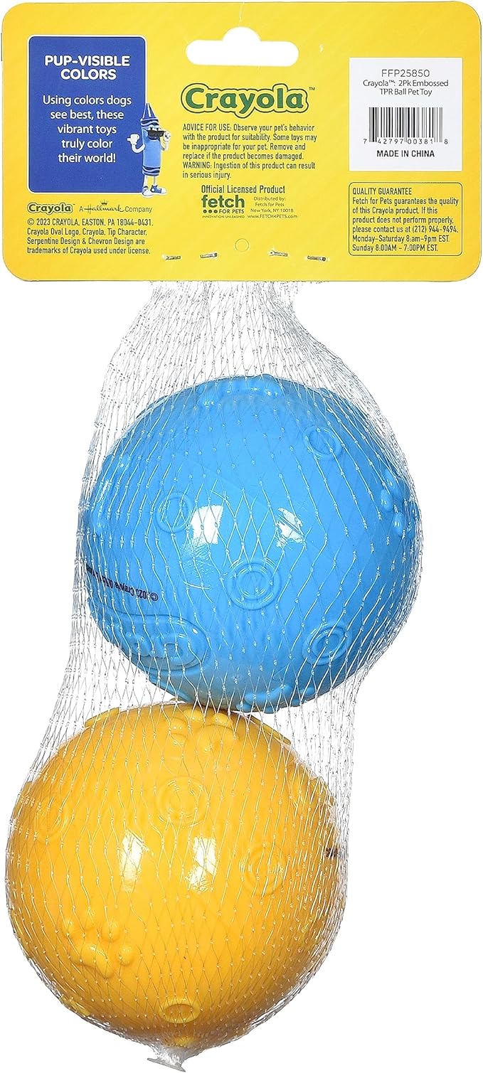Crayola for Pets 2pk Balls in Pup-Visible Colors Dogs See Best, Embossed Texture for Easy Grip Fetch and Chew, TPR, Rubber Chew Toys for Dogs, Yellow + Blue Tennis Ball Style Dog Toys