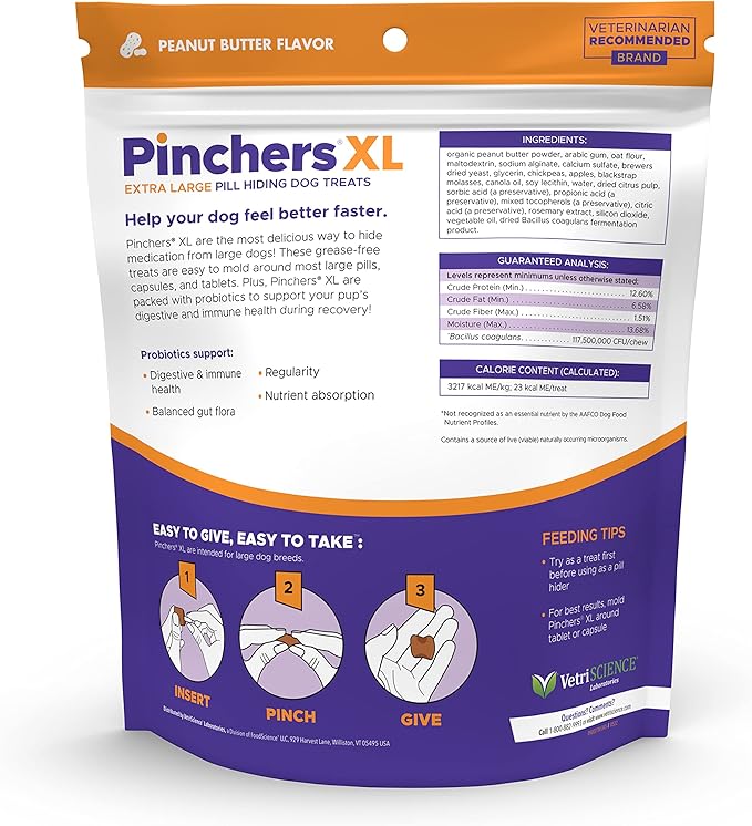 VETRISCIENCE Pinchers XL Pill Hiding Treats for Dogs – Extra Large Pill Hiders with Probiotics, Great for Medicine, Large Capsules and Tablets