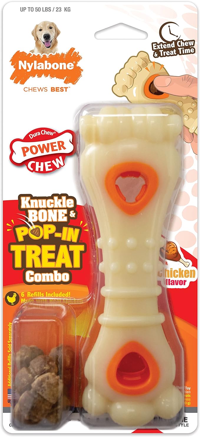 Nylabone Power Chew Knuckle Bone & Pop-In Dog Treat Toy Combo with Chicken Flavor Treat Refills, Chew Toy for Aggressive Chewers, Durable Treat Pouch, Large/Giant - Up to 50 lbs. (1 Count)