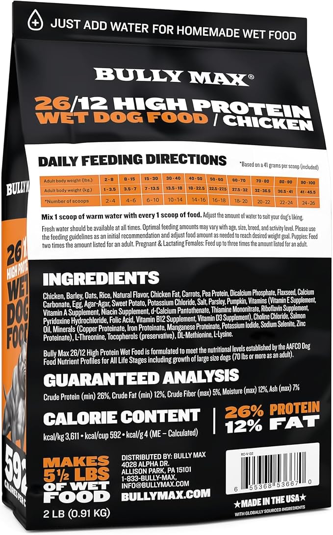 Bully Max 26/12 High-Potein Wet Dog Food - Instant Fresh Dehydrated Puppy & Adult Dog Food with Chicken - Healthy Muscle Growth for Small & Large Breeds - 6 Dry Pounds (Makes 16.5 lbs. of Wet Food)