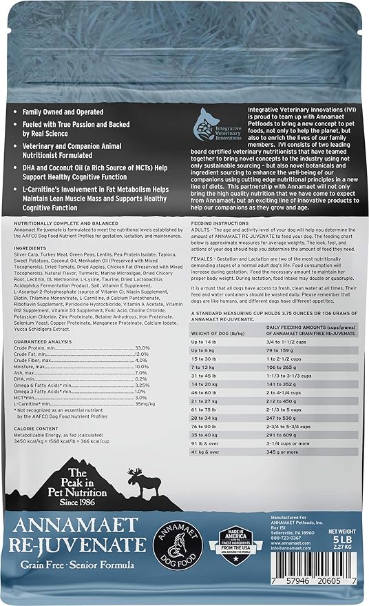 Annamaet Grain-Free Re-Juvenate Senior Formula Dry Dog Food, (Fresh Silver Carp & Turkey), 5-lb Bag, Brown