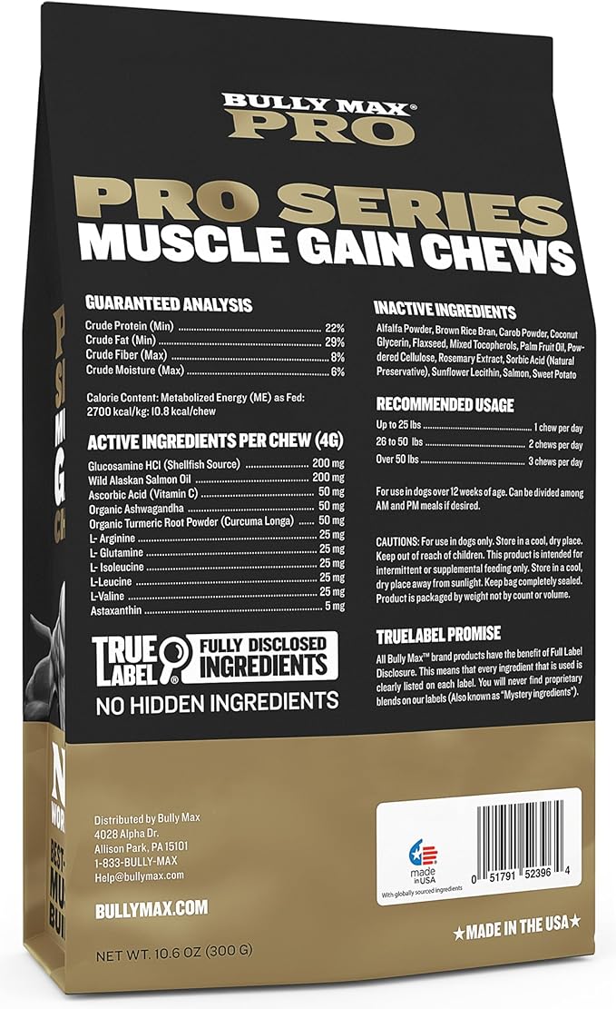Bully Max 11-in-1 Muscle Gain Power Chews - High Protein Dog Food Health Supplement for Puppy and Adult Dogs | Premium Muscle Builder for All Breeds with Natural Ingredients - 75 Tasty Soft Dog Chews