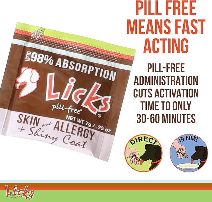 Licks Pill-Free Dog Skin and Allergy - Omega 3 Dog Allergy Relief - Dog Vitamins & Supplements for Itch Relief - Turmeric Supplement for Dog Skin - Gel Packets - 10 Use