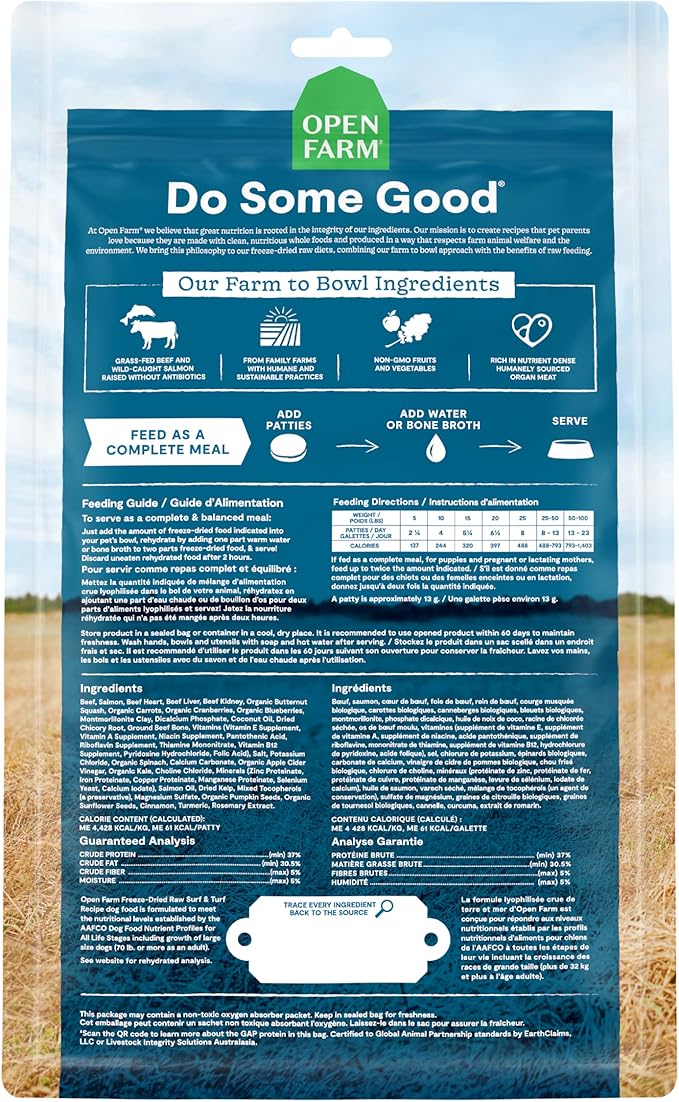 Open Farm Freeze Dried Raw Patties for Dogs, Humanely Raised Meat Recipe with Non-GMO Superfoods and No Artificial Flavors or Preservatives, Surf and Turf Recipe, 17.5oz