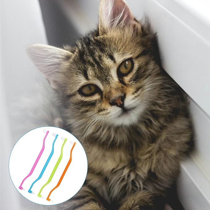 4pcs Cat Toothbrushes, 6.3x0.63in Double Sided Small Dog Pet Kitten Puppy Toothbrush Teeth Cleaning Brush Tooth Brushing with Curved Handle Micro Head Cat Dental Care Reduce Plaque Tartar Formation