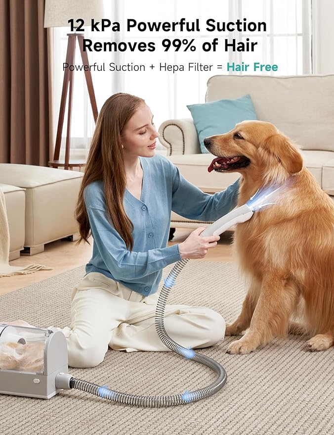 Hicozy S1+ Dog Grooming Kits, Minimum 50dB Pet Friendly Vacuum Machine, 12Kpa/120V Pet Grooming Vacuum for Dogs with 2L Dust Cup, 6 Professional Pet Grooming Kit for Dogs Cats, Gray