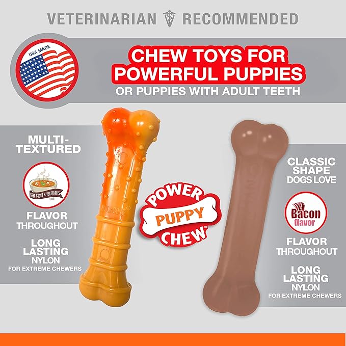 Nylabone Puppy Power Chew Toy - Tough and Durable Puppy Chew Toy for Teething - Puppy Supplies - Bacon & Beef Broth Flavor, Small (2 Count)