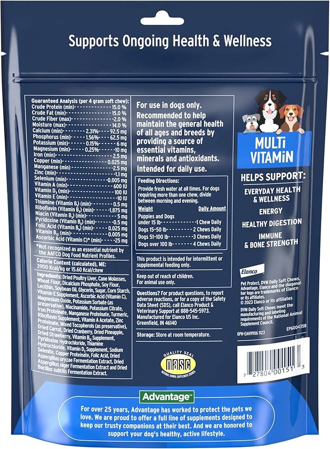 Pet Protect from The Makers of Advantage Vet-Formulated Daily Multivitamin for Dogs | 120 Chews with Vitamins