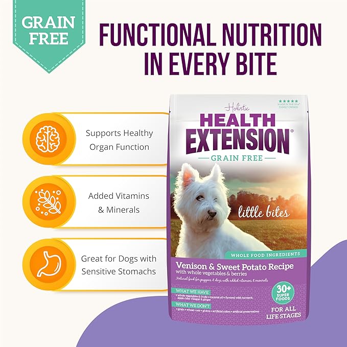 Health Extension Grain Free Little Bites for Dogs, Natural Food with Added Vitamins & Minerals, Perfect for Teacup, Toy & Small Dogs, Venison & Sweet Potato Little Bites Recipe (3.5lb Bag)