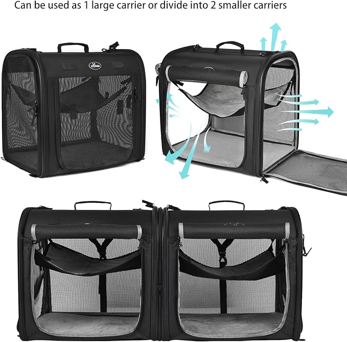 Portable 2-in-1 Pet Carrier for Medium Dogs Large Cat Carrier for 2 Cats Travel Double Dog Crate Set with Portable Carry Bag/Hammocks/Mats/Tent Stakes/2 Pcs Pet Bowls for Outdoor Camping