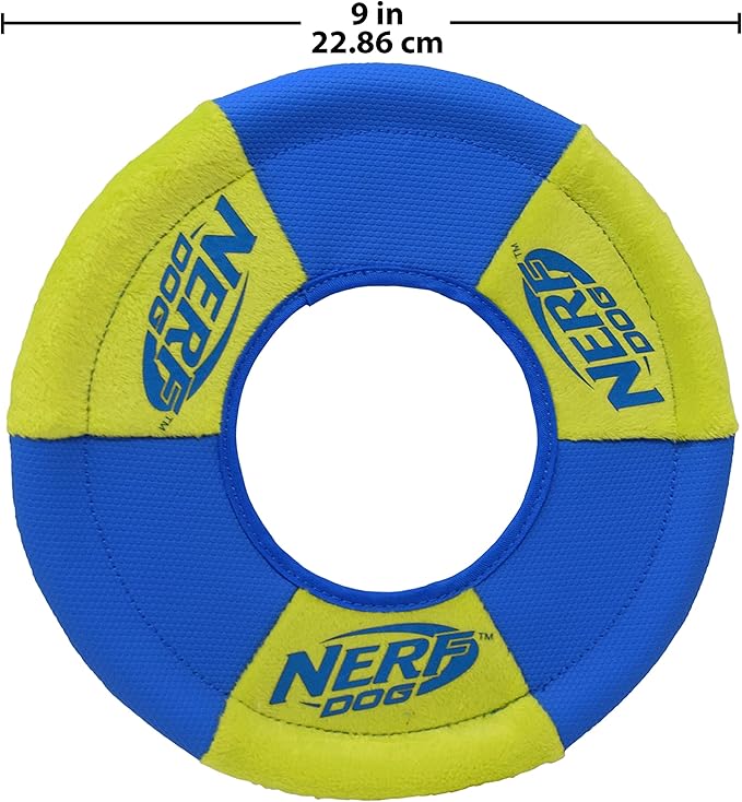 Nerf Dog Toss and Tug Ring Dog Toy, Flying Disc, Lightweight, Durable and Water Resistant, 9 Inch Diameter, For Medium/Large Breeds, Two Pack, Green and Orange
