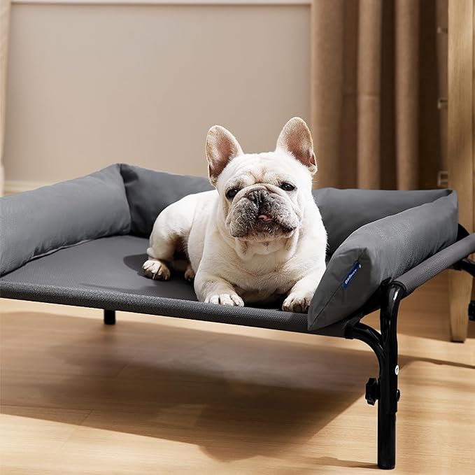 Bedsure Elevated Raised Outdoor Dog Bed - Cooling Dog Cot Bed with Bolster for Medium Dog, Lifted Pet Bed with Durable Breathable Teslin Mesh, Dog Hammock Bed with Non-Slip Feet, Grey, 32 inches