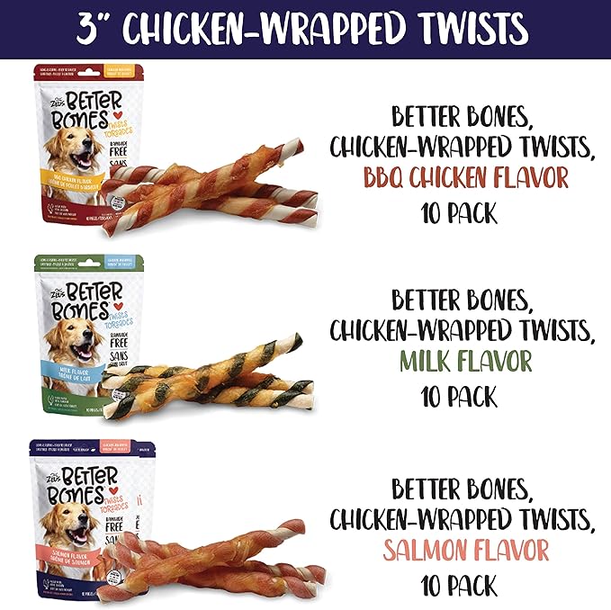 ZEUS Better Bones Twists Dog Treats, Milk and Chicken Twists 10 Pack - Rawhide Free Healthy Dog Treats
