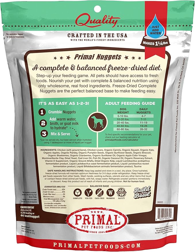 Primal Freeze Dried Dog Food Nuggets, Chicken; Complete & Balanced Meal; Also Use as Topper or Treat; Premium, Healthy, Grain Free, High Protein Raw Dog Food, 5.5 oz